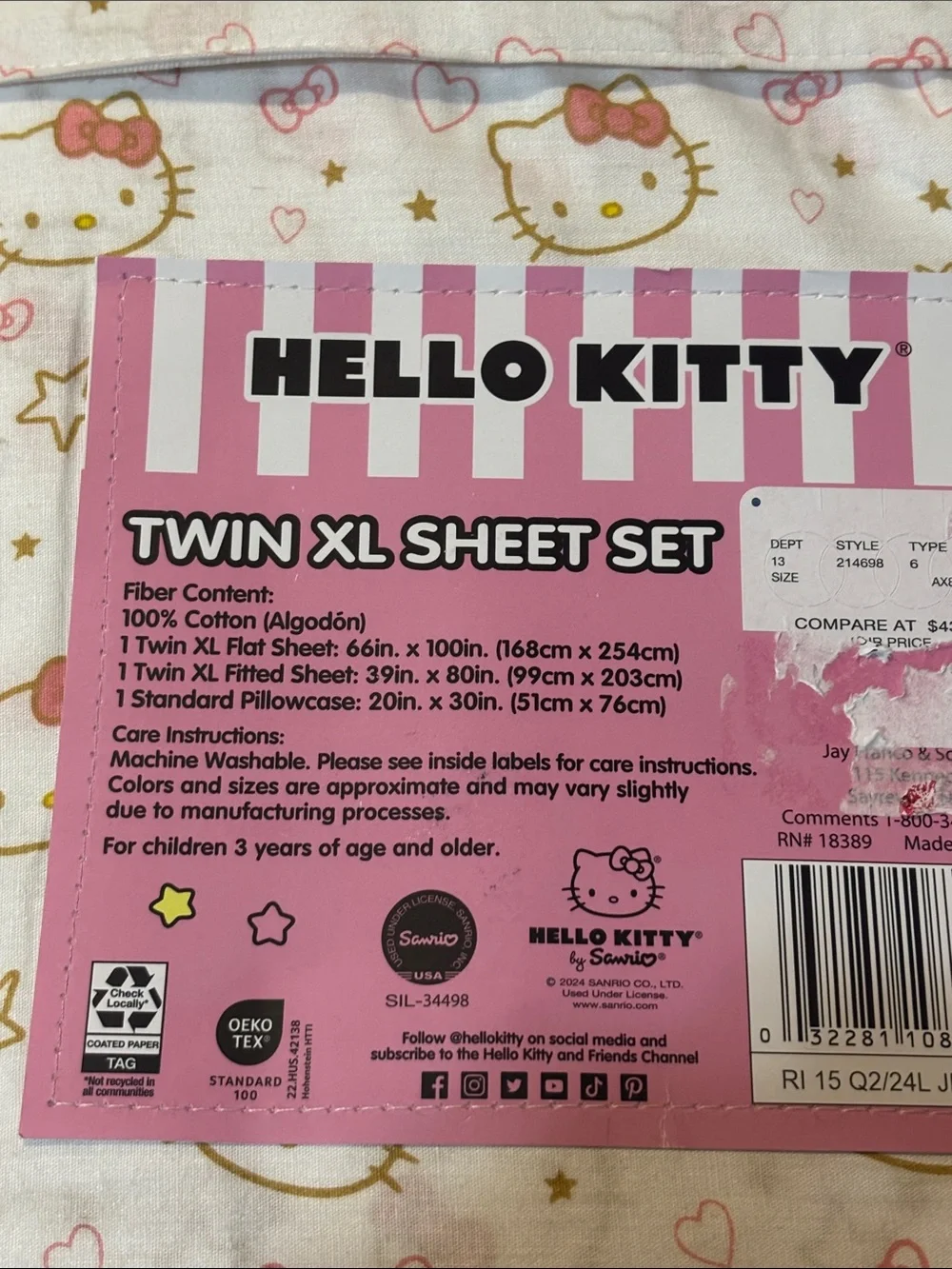 Hello Kitty Twin XL Sheet Set in White, Pink & Gold Accents